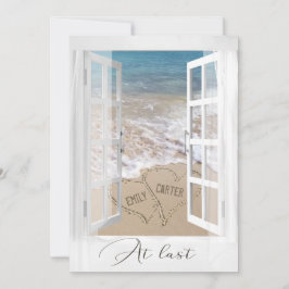 ビーチ結婚式ハートとウィンドウ内の名前 招待状