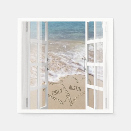 ビーチ結婚式ハートを開いたウィンドウ スタンダードカクテルナプキン (正面)