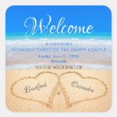 ビーチ結婚式ハートインサンドウェルカムキープサケ スクエアシール (正面)
