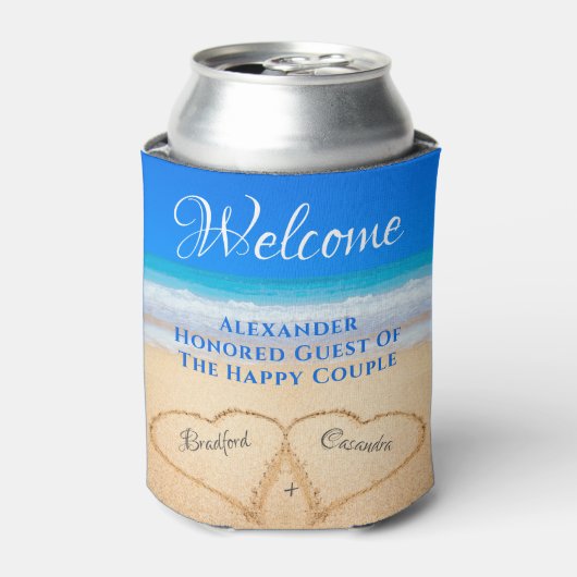 ビーチ結婚式ハートインサンドウェルカム 缶クーラー (缶正面)