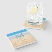 ビーチ結婚式ハートインサンドファミリーモノグラム ストーンコースター (横)