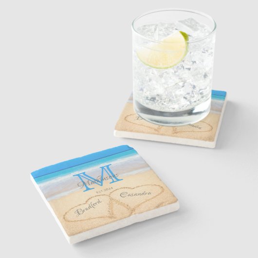 ビーチ結婚式ハートインサンドファミリーモノグラム ストーンコースター (横)