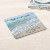 ビーチ結婚式ハートイン砂エレガント スクエアペーパーコースター (アングル)