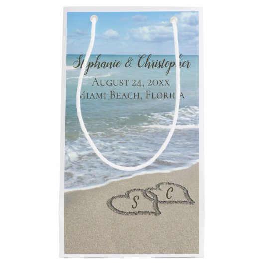 ビーチ結婚式ハートイン砂エレガント スモールペーパーバッグ (正面)