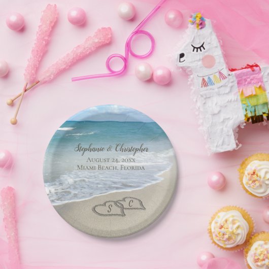 ビーチ結婚式ハートイン砂エレガント ペーパープレート (パーティー)