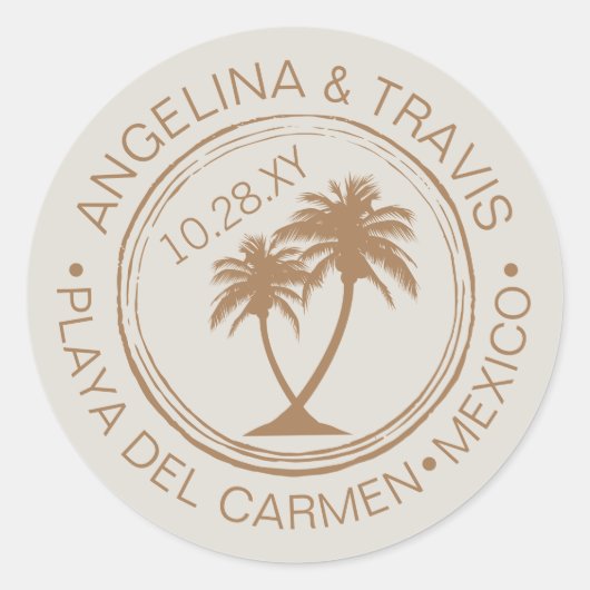 ビーチ結婚式パスポートスタンプとパームツリー ラウンドシール (正面)