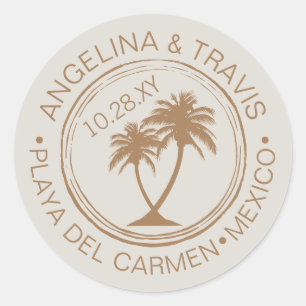 ビーチ結婚式パスポートスタンプとパームツリー ラウンドシール
