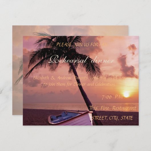 ビーチ結婚式パームサンセットボートリハーサルディナー 招待状 (正面/裏面)