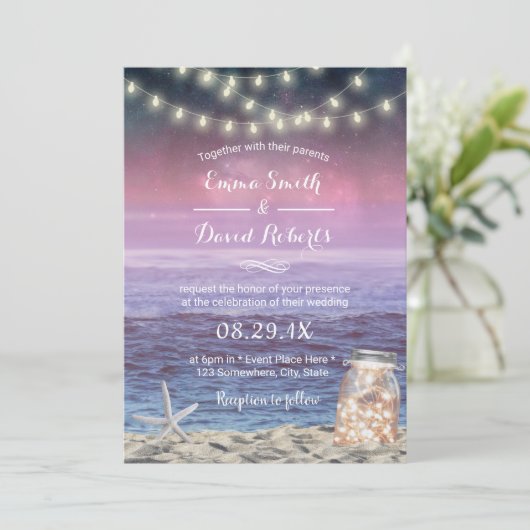 ビーチ結婚式ヒトストリングライツメイソンジャー 招待状 (スタンド正面)