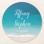 ビーチ結婚式ビープキープサケパーソナライズされた ラウンドペーパーコースター (正面)