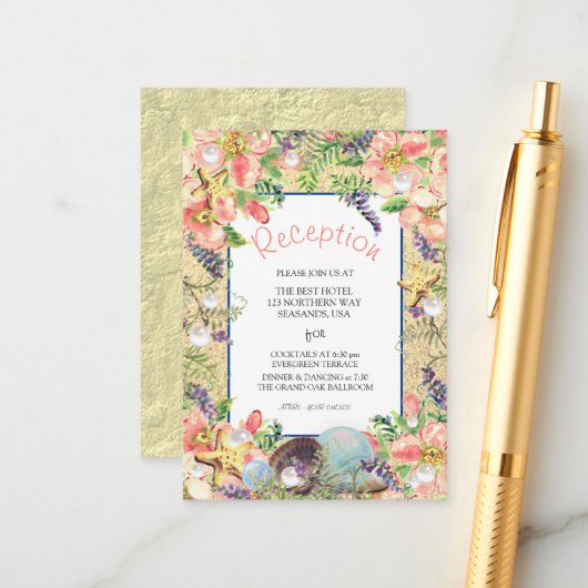 ビーチ結婚式ピンクフローラヒトデ披露宴 エンクロージャーカード (正面/裏面インサイチュ)