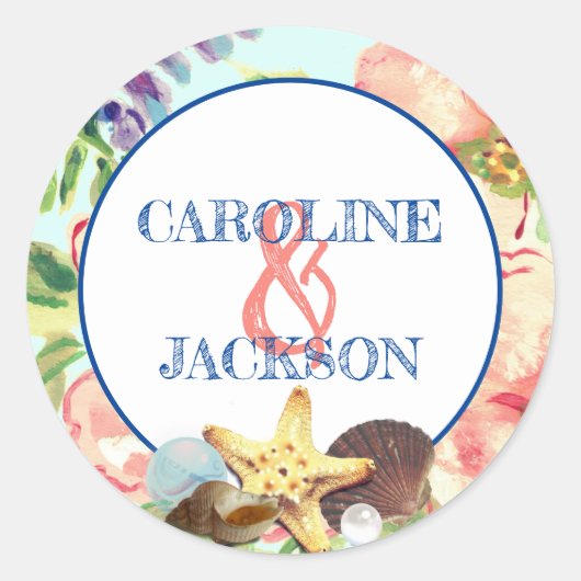 ビーチ結婚式ピンクフローラヒトパールコーラル ラウンドシール (正面)