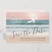 ビーチ結婚式ピンク海サンセット セーブザデート (正面/裏面)