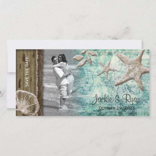 ビーチ結婚式フォトカードシーシェルセージグリーン セーブザデート (正面)