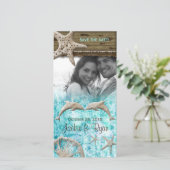 ビーチ結婚式フォトカードドルフィンズブルーシェル セーブザデート (スタンド正面)