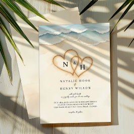 ビーチ結婚式フォト招待状と砂ハート 招待状