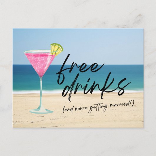 ビーチ結婚式フリー飲おもしろいみ物の保存日付 案内ポストカード (正面)