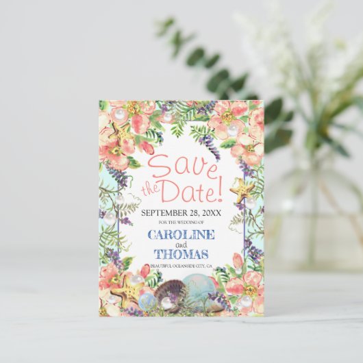 ビーチ結婚式フローラシーシェルズパールセーブ日付 ポストカード (スタンド正面)