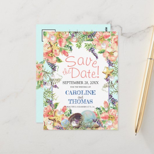 ビーチ結婚式フローラシーシェルズパールセーブ日付 ポストカード (正面/裏面インサイチュ)