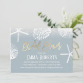 ビーチ結婚式ブライダルシャワーダスティブルーシーシェル 招待状 (スタンド正面)