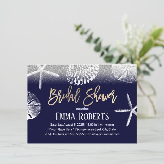 ビーチ結婚式ブライダルシャワーネイビーブルーシーシェル 招待状 (スタンド正面)