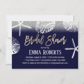 ビーチ結婚式ブライダルシャワーネイビーブルーシーシェル 招待状 (正面)