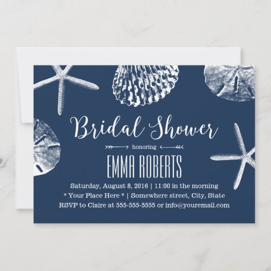 ビーチ結婚式ブライダルシャワーネイビーブルーシーシェル 招待状 (正面)