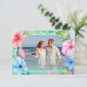 ビーチ結婚式ブルーのピンクのトロピカルフォト感謝していユー サンキューカード (スタンド正面)