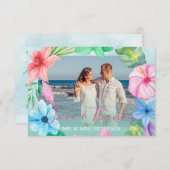 ビーチ結婚式ブルーのピンクのトロピカルフォト感謝していユー サンキューカード (正面/裏面)