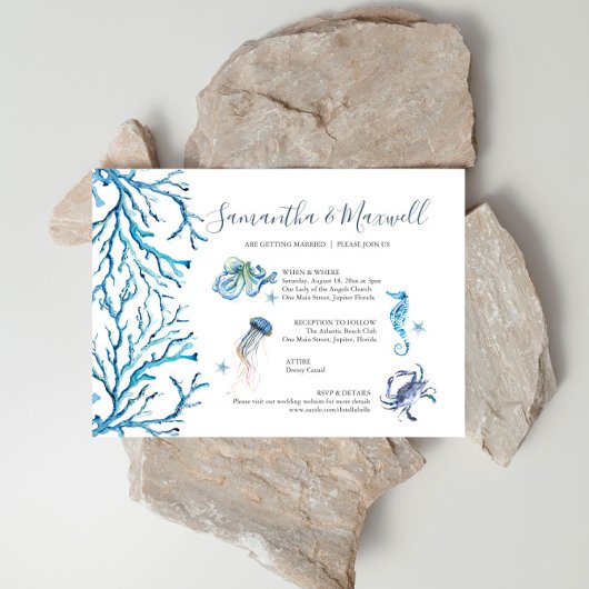 ビーチ結婚式ブルーウォーター図解入りの、写真付きのカラー 招待状