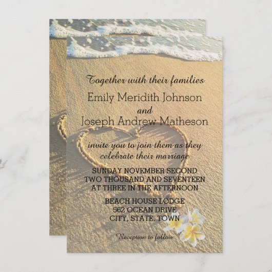 ビーチ結婚式プルメリア/フランジパニサンドアンドシー 招待状 (正面/裏面)