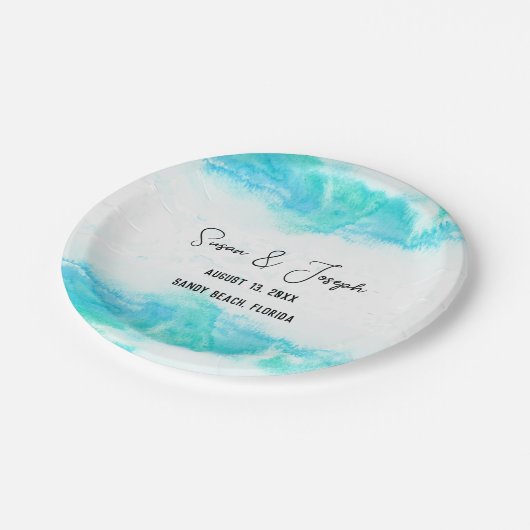 ビーチ結婚式プログラムのブルーウェーブ ペーパープレート (アングル)