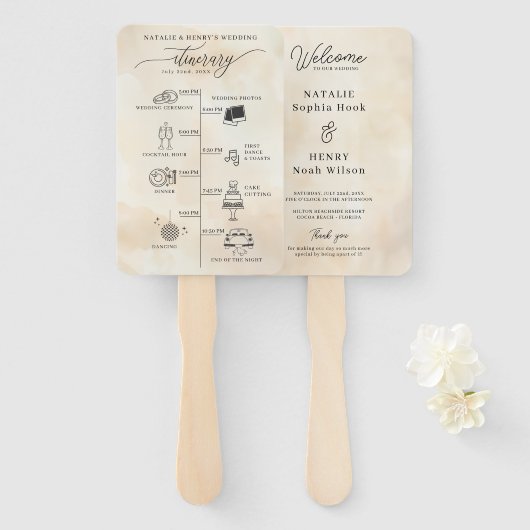 ビーチ結婚式プログラムハンドファンと旅程の時間 ハンドファン (正面&裏面)