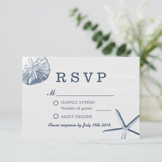 ビーチ結婚式ミニマルな砂ドル及びヒトデRSVP 出欠カード (スタンド正面)