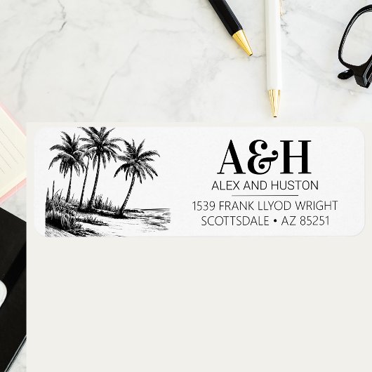 ビーチ結婚式モノグラムエレガントシンプルパームツリー ラベル