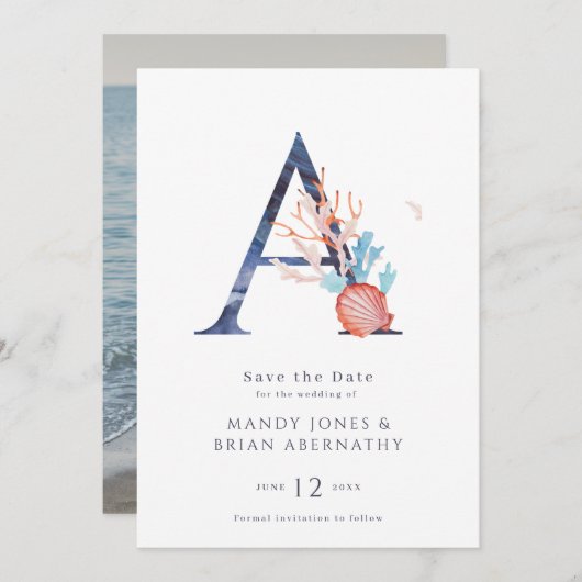 ビーチ結婚式モノグラム写真の保存日付 セーブザデート (正面/裏面)