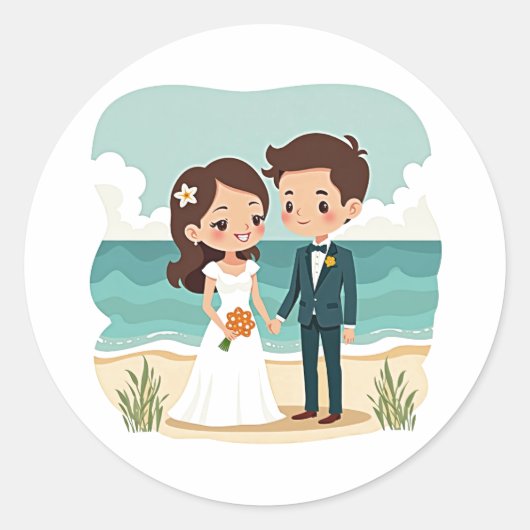 ビーチ結婚式ラブステッカー ラウンドシール (正面)