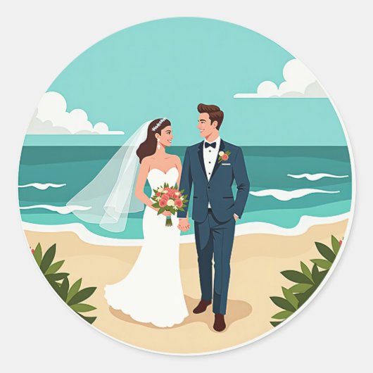 ビーチ結婚式ラブステッカー ラウンドシール (正面)