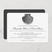 ビーチ結婚式ヴィンテージホタテ貝殻黒 招待状 (正面/裏面)