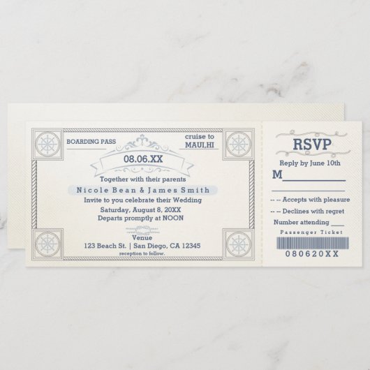 ビーチ結婚式ヴィンテージ搭乗チケット招待状 招待状 (正面/裏面)