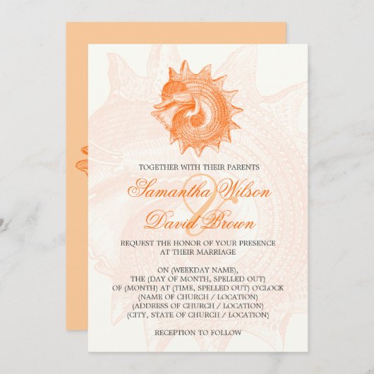 ビーチ結婚式ヴィンテージ軟体動物殻オレンジ 招待状 (正面/裏面)