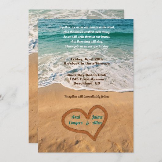 ビーチ結婚式上のハート内の名前 招待状 (正面/裏面)