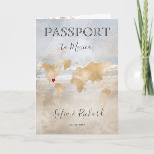 ビーチ結婚式先パスポートワールドマップ 招待状 (正面)
