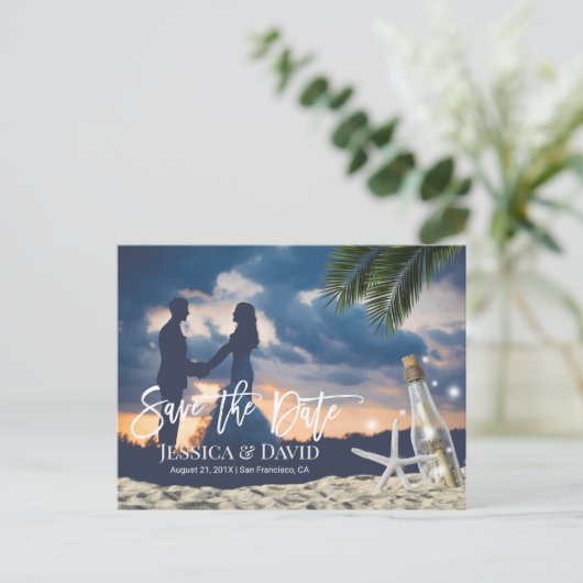 ビーチ結婚式内のボトルメッセージ日付の保存 案内ポストカード (スタンド正面)