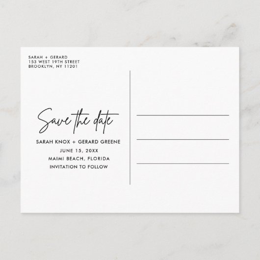 ビーチ結婚式写真の保存日付 案内ポストカード (裏面)