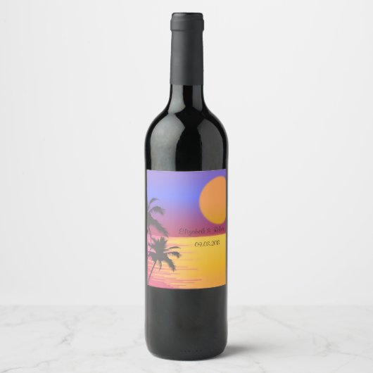ビーチ結婚式夕日 ワインラベル (正面)