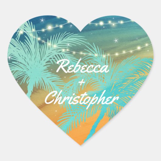 ビーチ結婚式封筒用シール |ティール(緑がかった色)ブルーオレンジ ハートシール (正面)