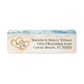 ビーチ結婚式差出人住所ラベル付き砂ハート ラベル (正面)