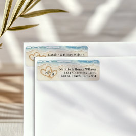 ビーチ結婚式差出人住所ラベル付き砂ハート ラベル