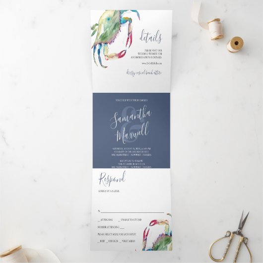 ビーチ結婚式招待状と沿岸チャーム 三つ折り招待状 (内部)